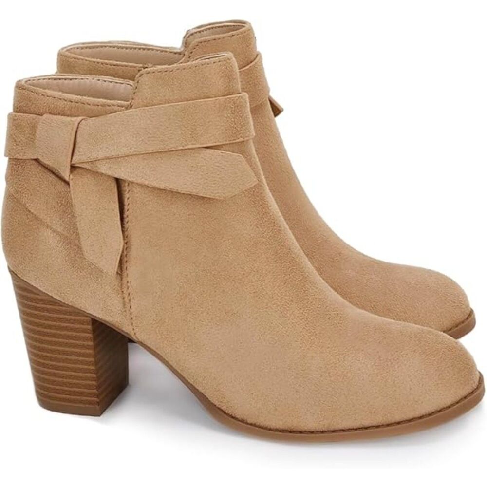 Women's Coffee Closed Toe Stacked Heel Tie Knot Side ZIP Chelsea Pump Ankle Boot
